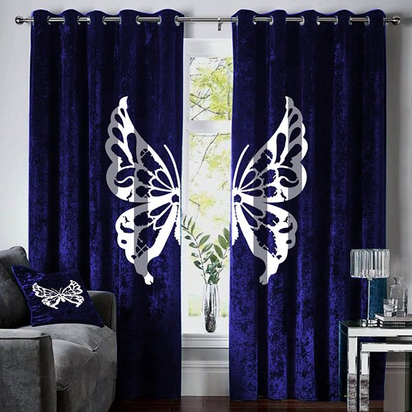 LUXURY VELVET BUTTERFLY CURTAINS - ROYAL BLUE & WHITE image 0