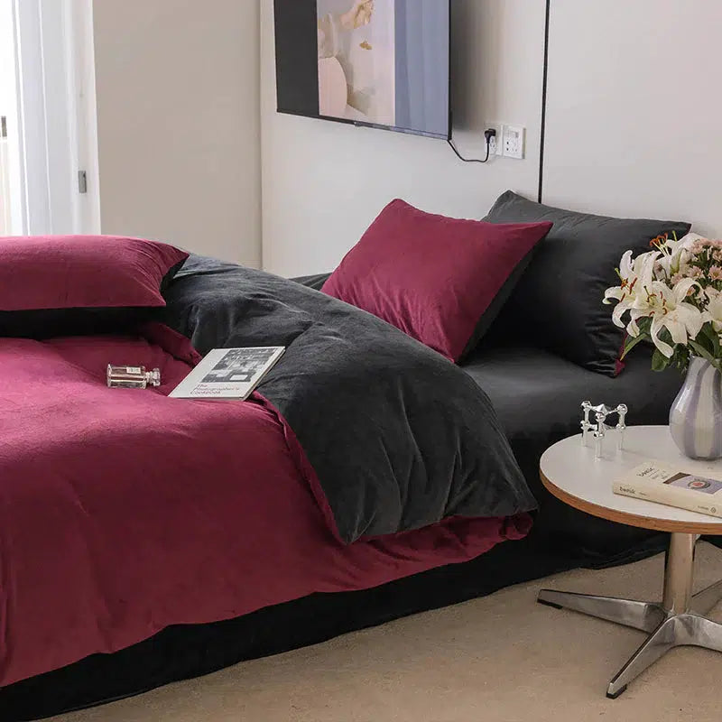 Velvet Reversible Duvet Cover Set - Deep Red & Black image 1