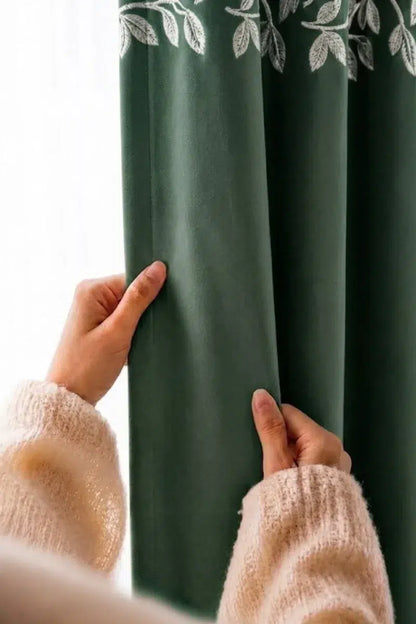GREEN FLORAL VINE VELVET CURTAINS - SET OF 2 PANELS image 1