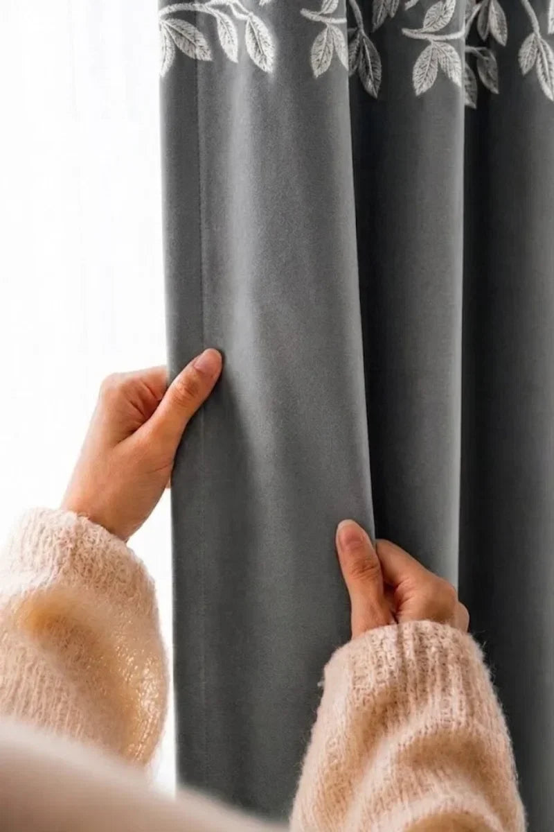 DARK GREY FLORAL VINE VELVET CURTAINS - SET OF 2 PANELS image 1
