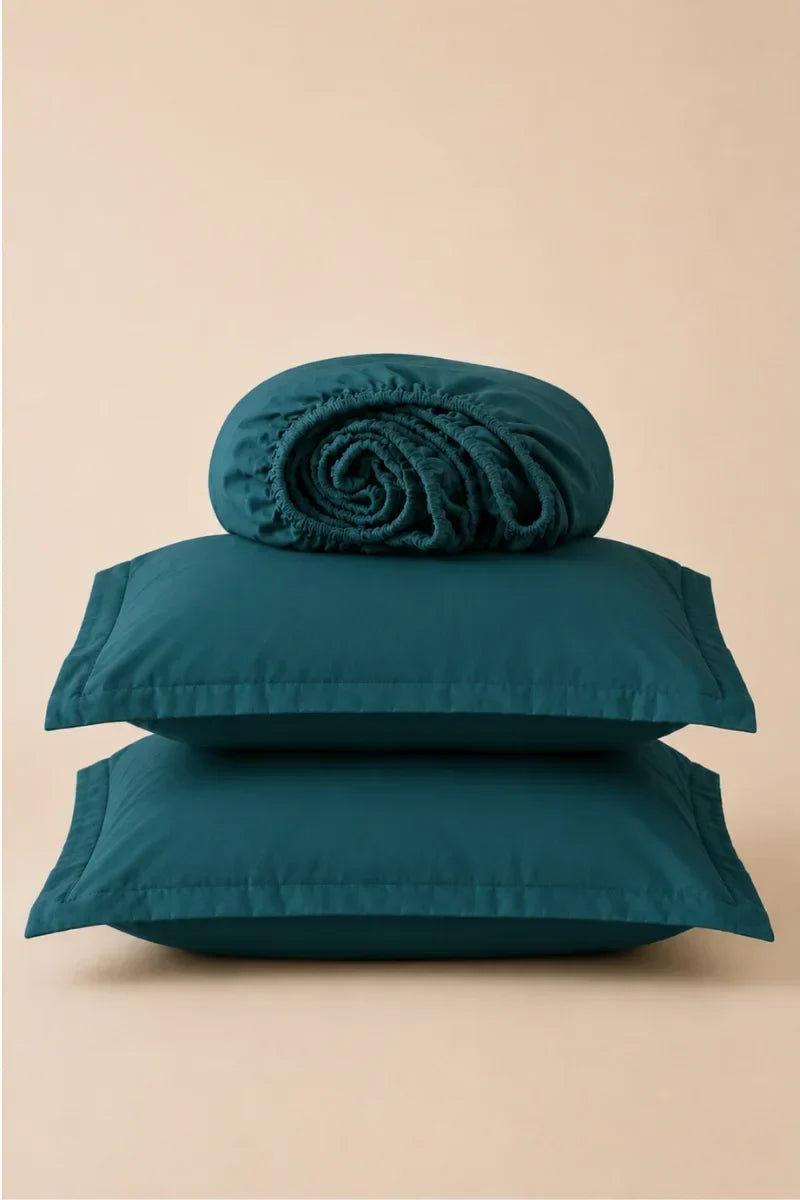 DEEP TEAL SOLID COTTON FITTED BEDSHEET - 3PCS image 0