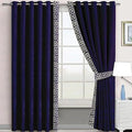 NAVY BLUE & WHITE SIDE BORDER VELVET CURTAINS - SET OF 2 PANELS image 0