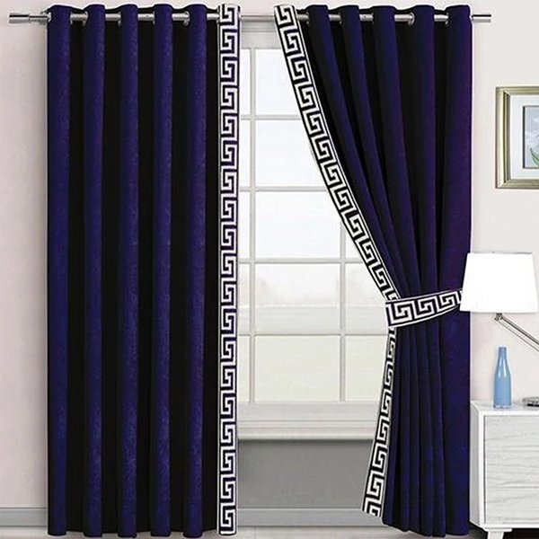 NAVY BLUE & WHITE SIDE BORDER VELVET CURTAINS - SET OF 2 PANELS image 0