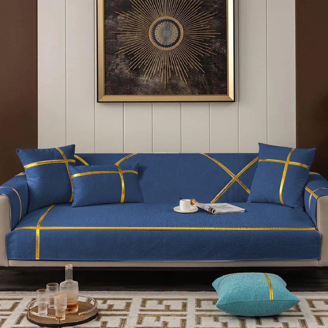 Velvet Sofa Runner with Cushion Covers Blue image 0