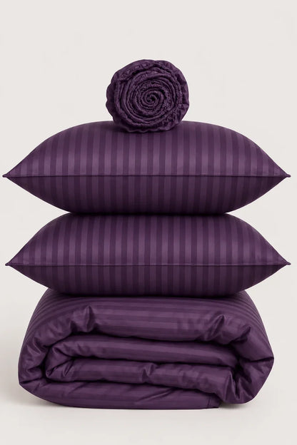 DEEP PURPLE SATIN STRIPE DUVET COVER SET - 6PCS image 1