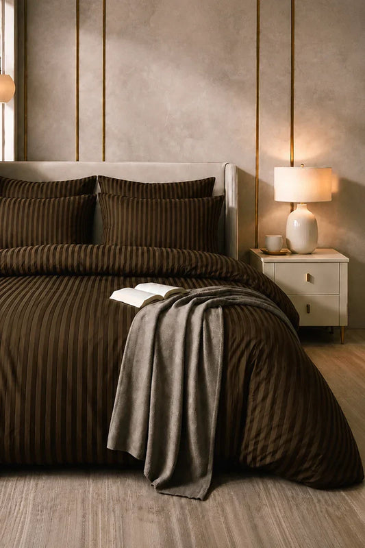 CHOCOLATE BROWN SATIN STRIPE DUVET COVER SET - 6PCS image 0