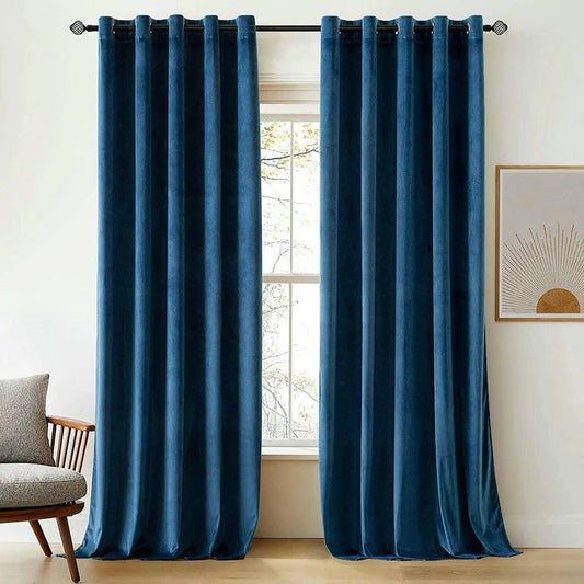 BLUE PLAIN SOLID VELVET CURTAINS - SET OF 2 PANELS image 0
