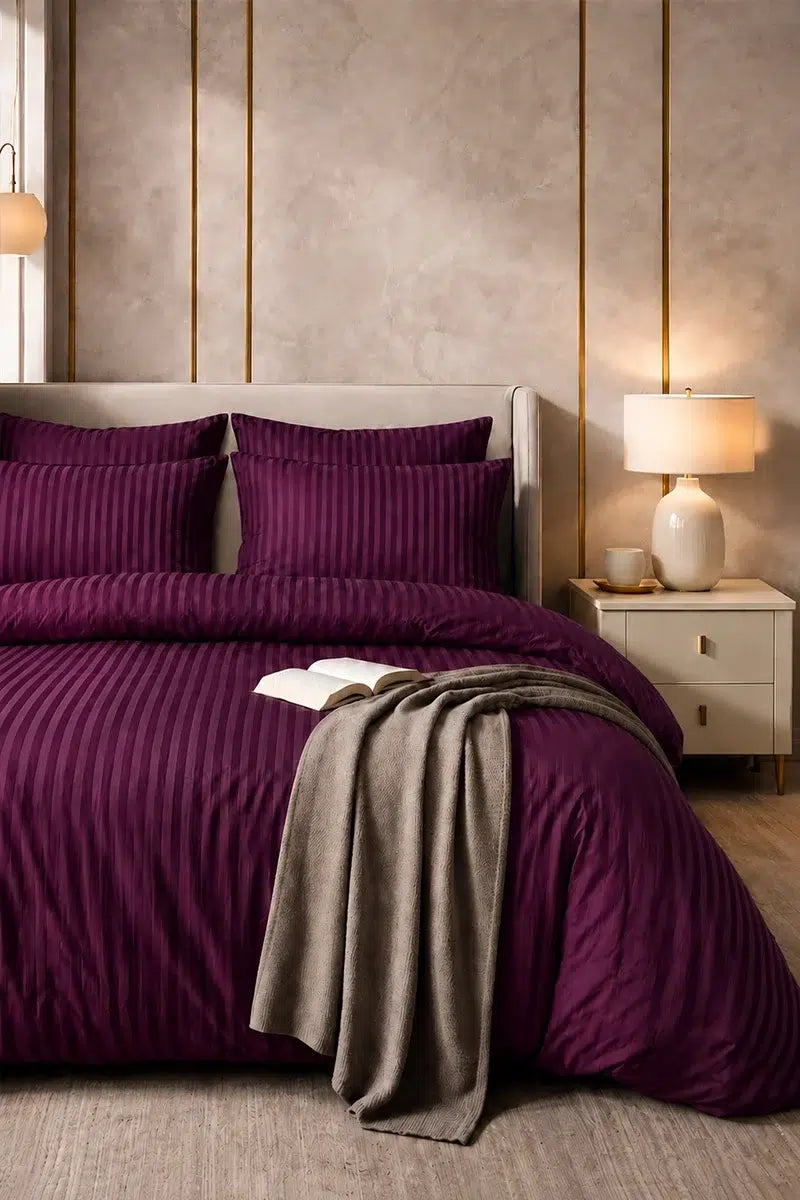 RICH PURPLE SATIN STRIPE DUVET COVER SET - 6PCS image 0