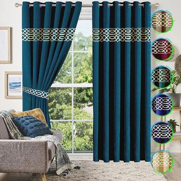 Luxury Velvet Curtains Front Border - Zinc And Off White image 0