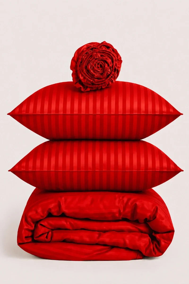 VIVID RED SATIN STRIPE DUVET COVER SET - 6PCS image 1
