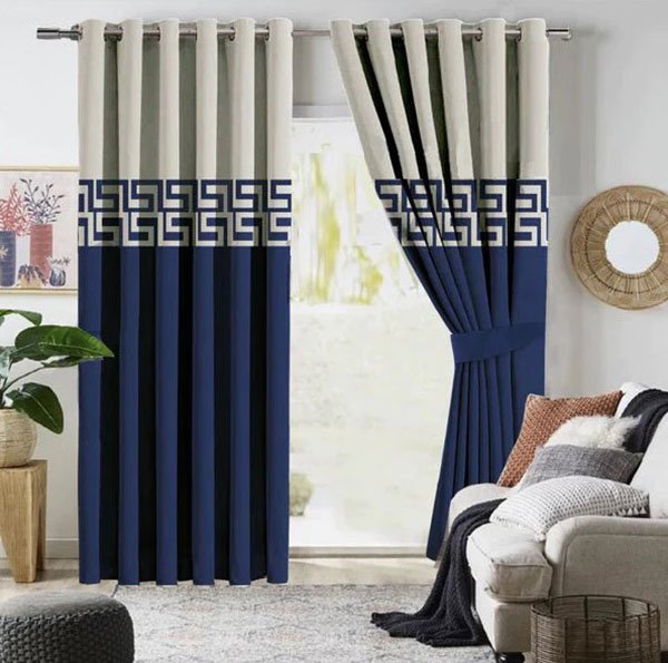 OFF WHITE & NAVY BLUE DOUBLE TONE VELVET CURTAINS - SET OF 2 PANELS image 0
