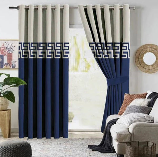OFF WHITE & NAVY BLUE DOUBLE TONE VELVET CURTAINS - SET OF 2 PANELS image 0
