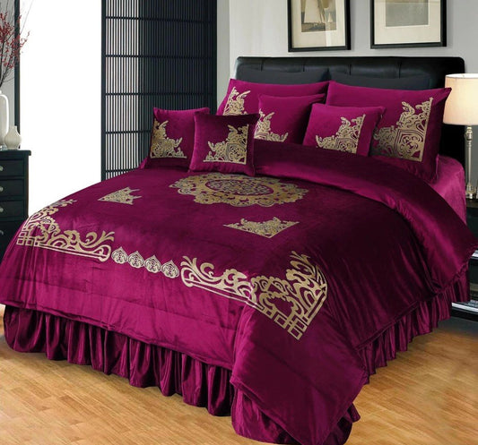 Luxury Embossed Velvet Bridal Bed Set Maroon ( 9 PCS ) image 0