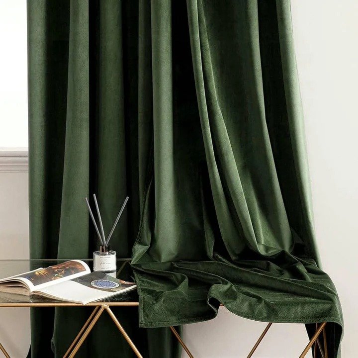 OLIVE GREEN PLAIN SOLID VELVET CURTAINS - SET OF 2 PANELS image 1