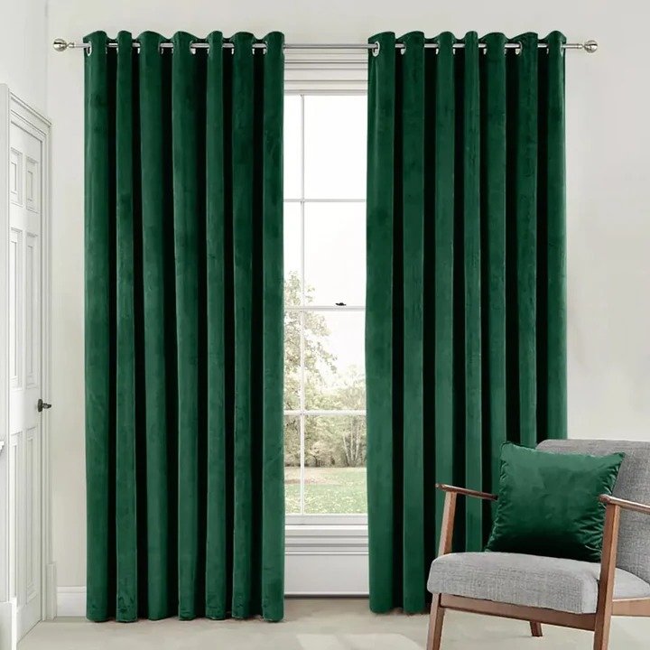 GREEN PLAIN SOLID VELVET CURTAINS - SET OF 2 PANELS image 0