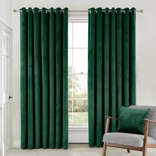 GREEN PLAIN SOLID VELVET CURTAINS - SET OF 2 PANELS image 0