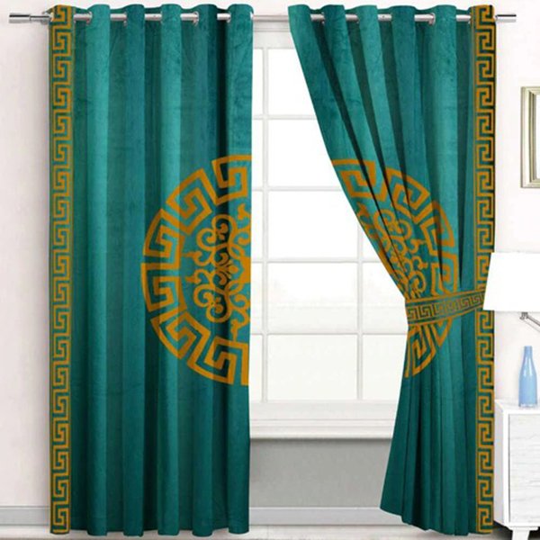 TEAL & COPPER SPLENDID GREEK VELVET CURTAINS - SET OF 2 PANELS image 0