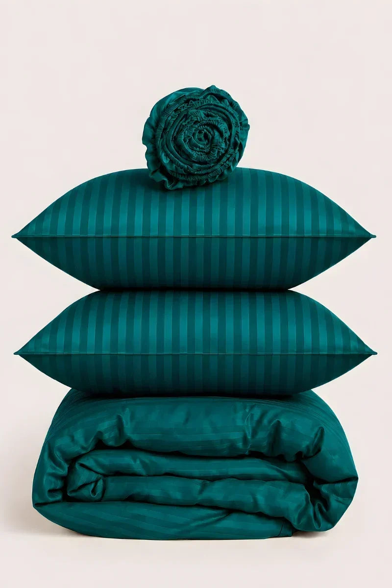 DEEP TEAL SATIN STRIPE DUVET COVER SET - 6PCS image 1