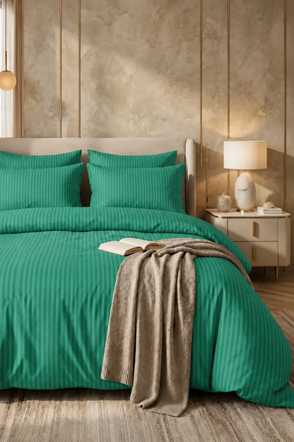 TEAL GREEN SATIN STRIPE DUVET COVER SET - 6PCS image 0