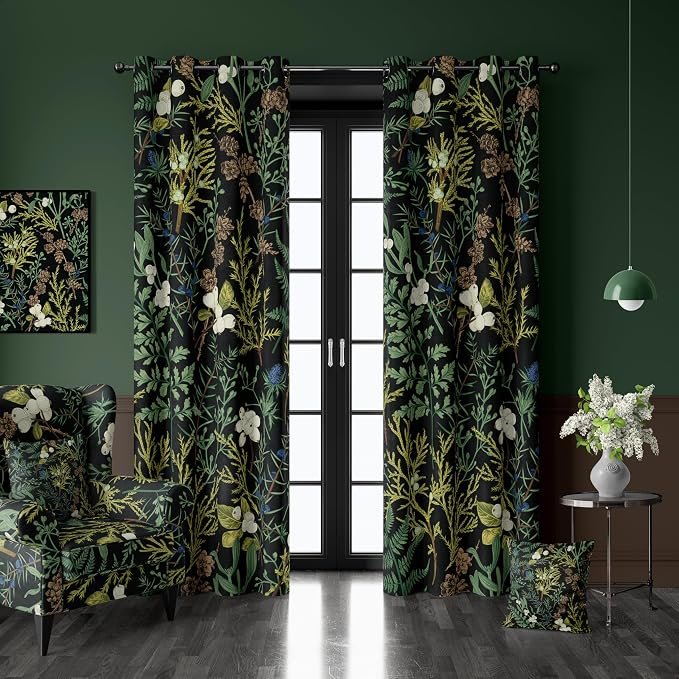 BOTANICAL NOIR DIGITAL PRINT VELVET CURTAINS – SET OF 2 PANELS image 0