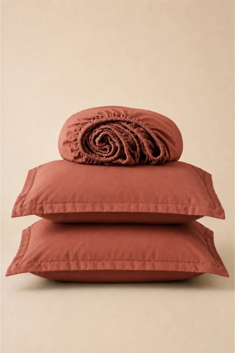 TERRACOTTA SOLID COTTON FITTED BEDSHEET - 3PCS image 0