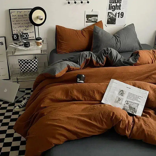 Cotton Reversible Duvet Cover Set - Rust Brown & Grey image 0