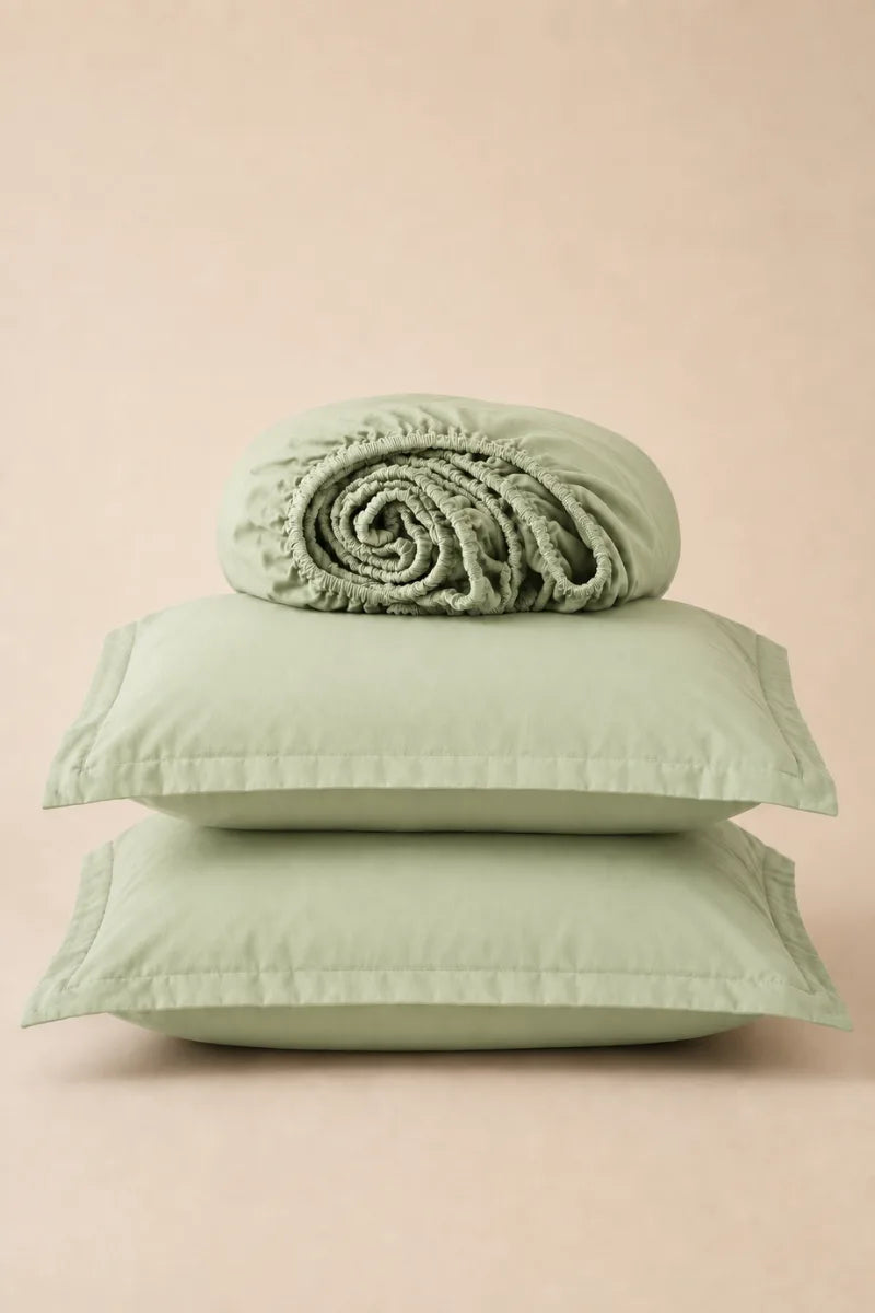 PISTACHIO GREEN SOLID COTTON FITTED BEDSHEET - 3PCS image 0