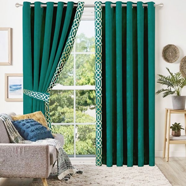 GREEN & WHITE SIDE BORDER VELVET CURTAINS - SET OF 2 PANELS image 0