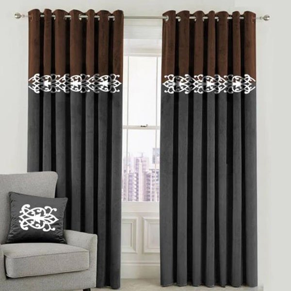 BROWN & DARK GREY DOUBLE TONE VELVET CURTAINS - SET OF 2 PANELS image 0