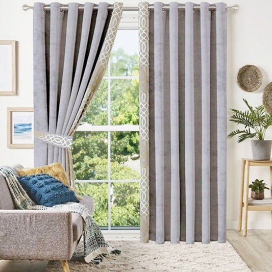GREY & WHITE SIDE BORDER VELVET CURTAINS - SET OF 2 PANELS image 0