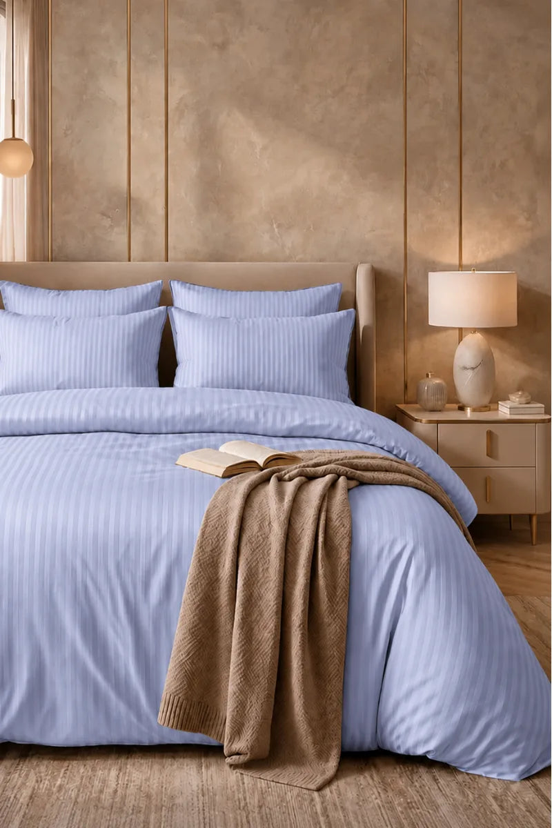 ICE BLUE SATIN STRIPE DUVET COVER SET - 6PCS image 0