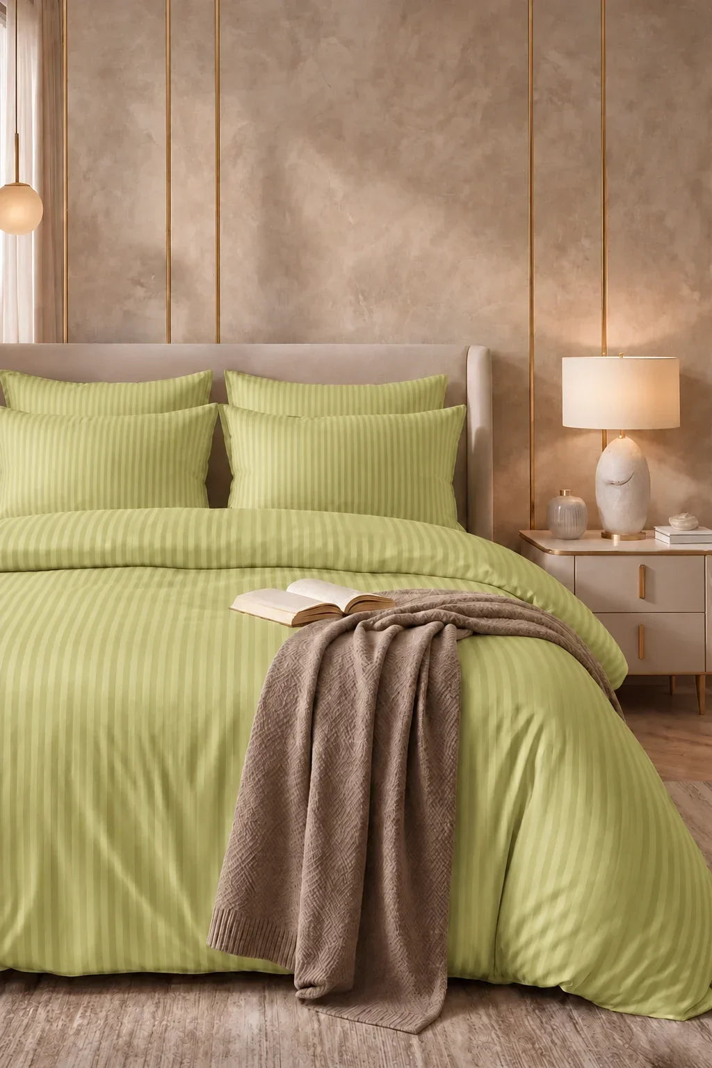 PISTACHIO GREEN SATIN STRIPE DUVET COVER SET - 6PCS image 0