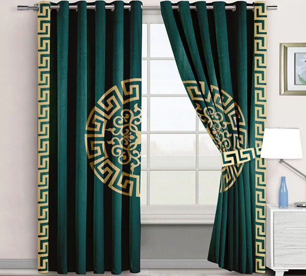 DARK GREEN & SKIN SPLENDID GREEK VELVET CURTAINS - SET OF 2 PANELS image 0