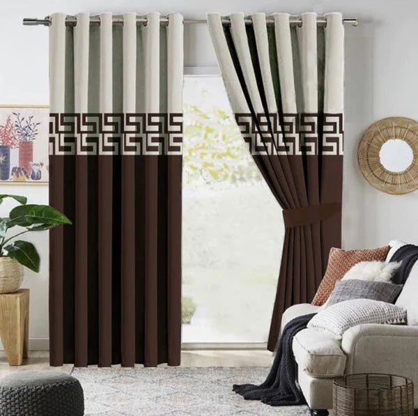 OFF WHITE & BROWN DOUBLE TONE VELVET CURTAINS - SET OF 2 PANELS image 0