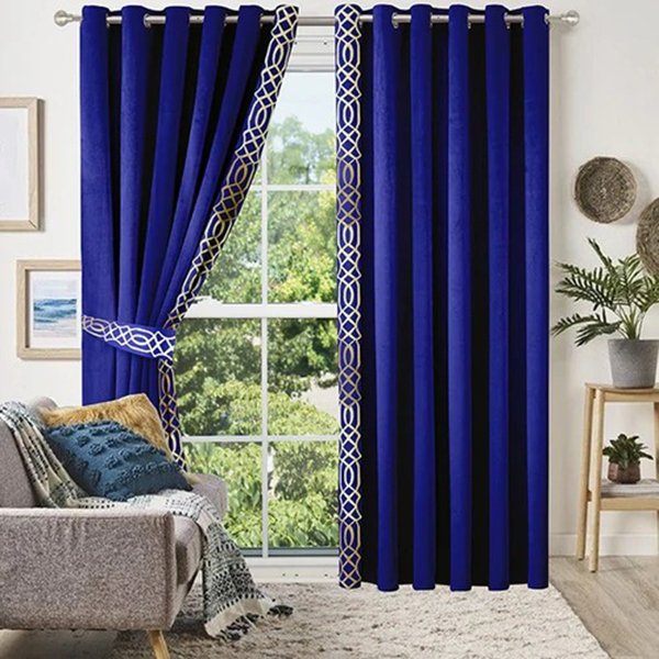 ROYAL BLUE & WHITE SIDE BORDER VELVET CURTAINS - SET OF 2 PANELS image 0