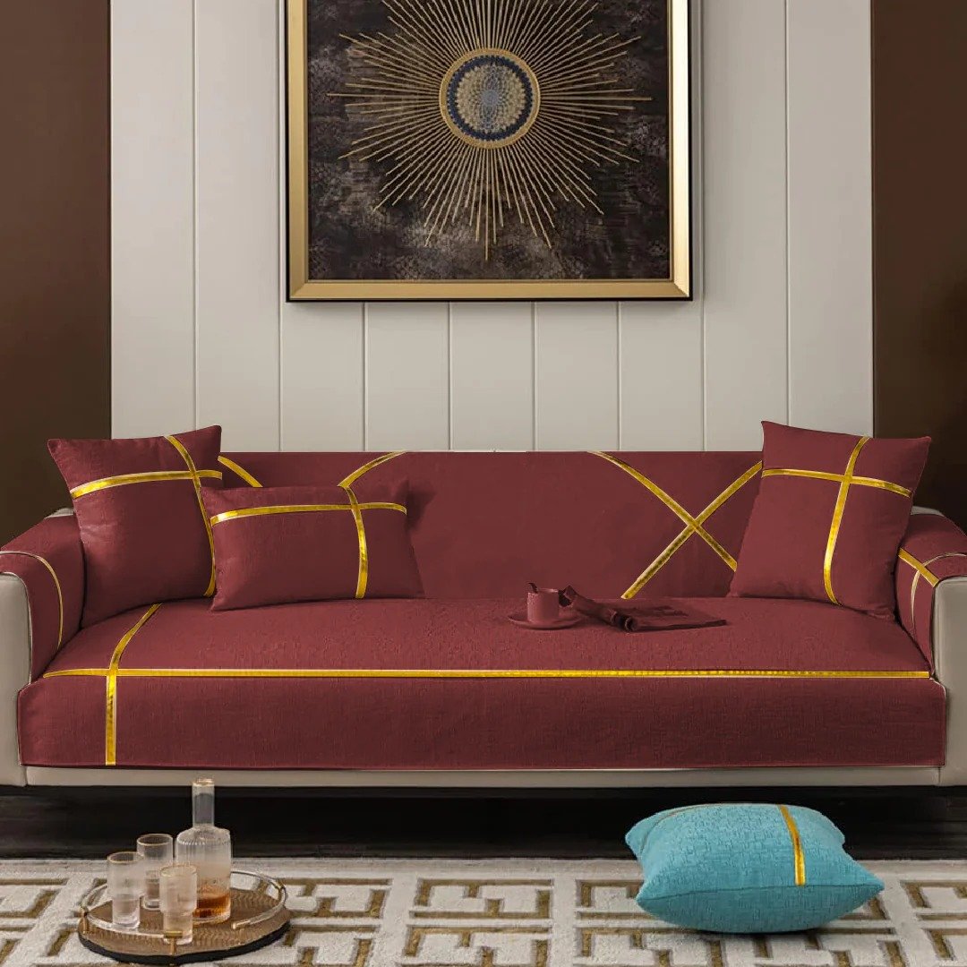 Velvet Sofa Runner with Cushion Covers Maroon image 0