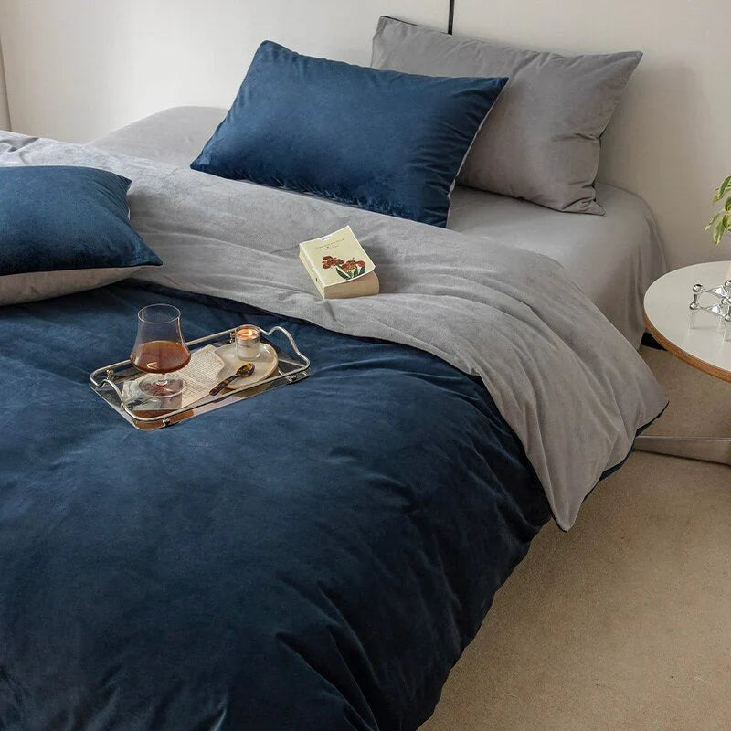 Velvet Reversible Duvet Cover Set - Blue & Grey image 1