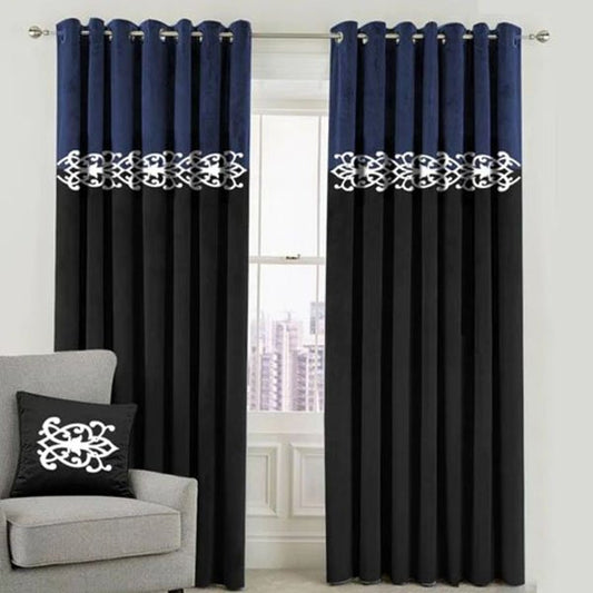 BLUE & BLACK DOUBLE TONE VELVET CURTAINS - SET OF 2 PANELS image 0