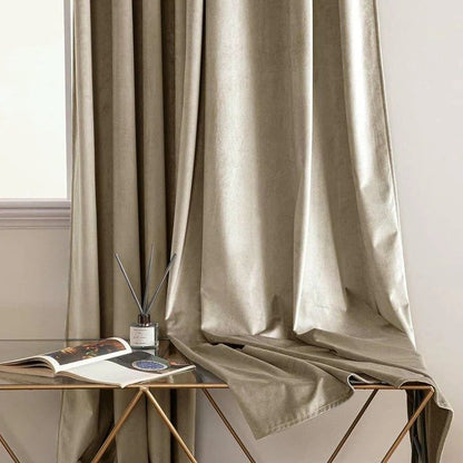 BEIGE PLAIN SOLID VELVET CURTAINS - SET OF 2 PANELS image 2