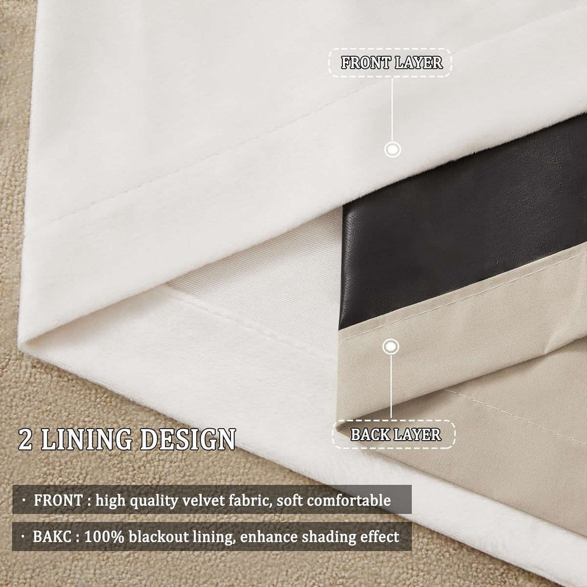 Premium Velvet Blackout Curtains Cream ( 2 Curtains Set ) image 1