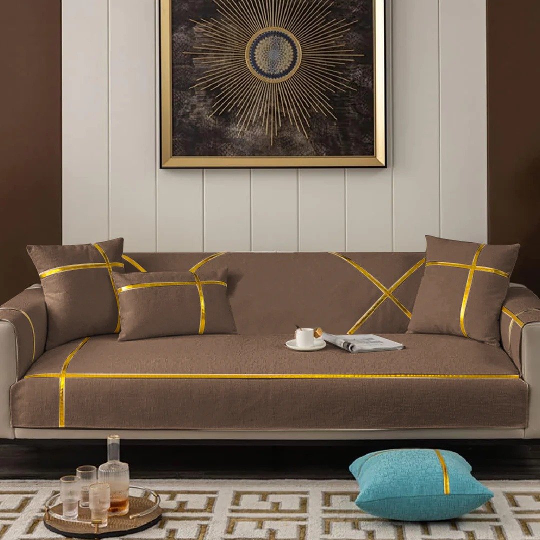 Velvet Sofa Runner with Cushion Covers Brown 3 Seater image 0