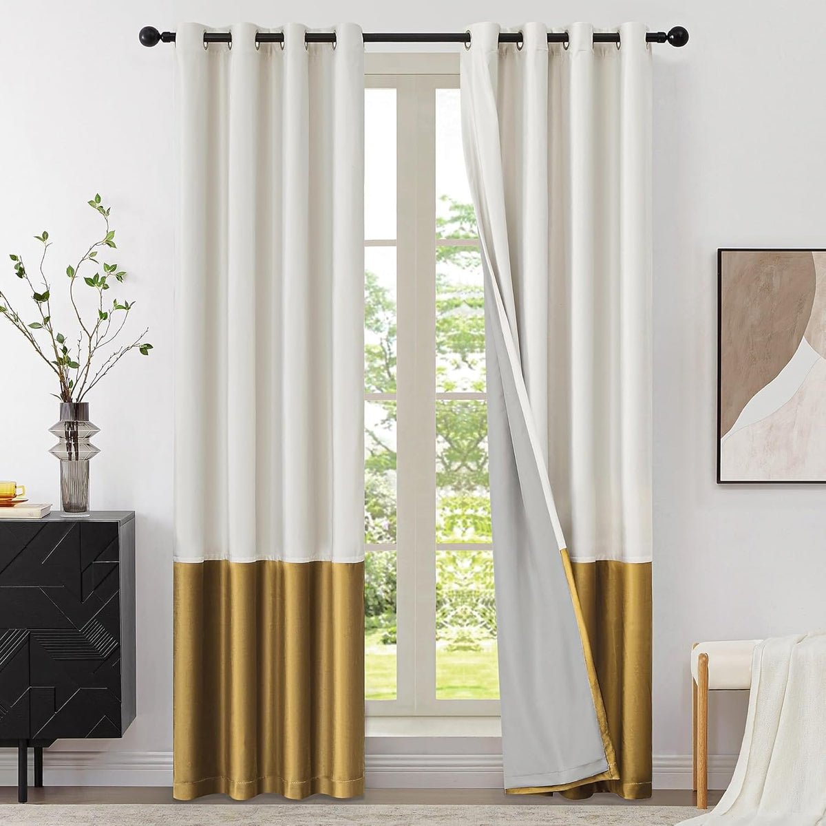 Premium Velvet Blackout Curtains Cream & Gold ( 2 Curtains Set ) image 0