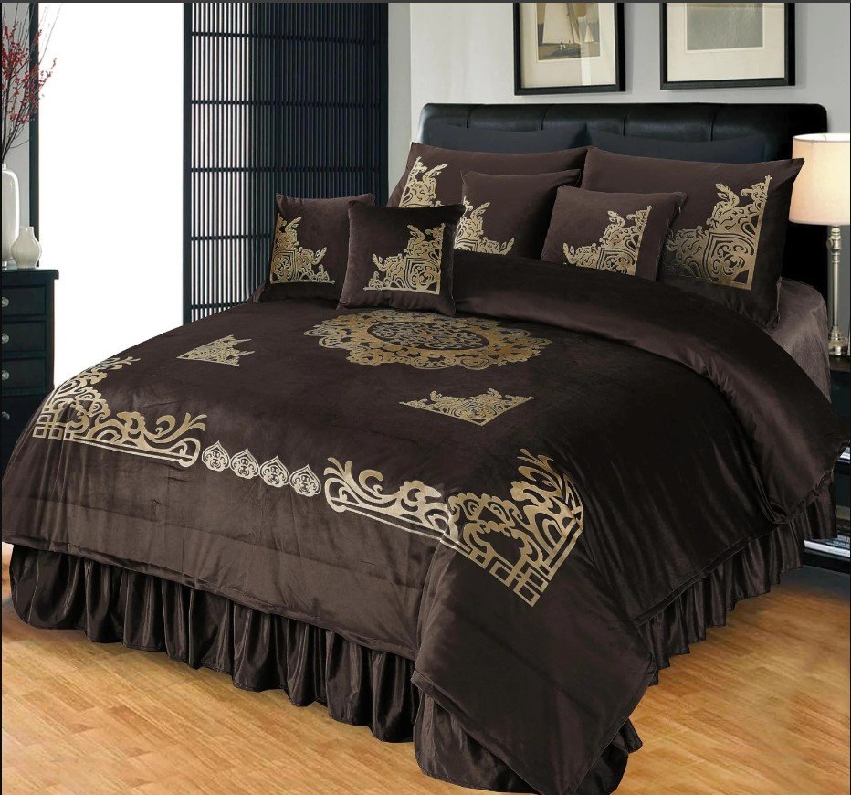Luxury Embossed Velvet Bridal Bed Set Chocolate ( 9 PCS ) image 0