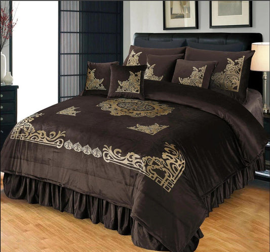 Luxury Embossed Velvet Bridal Bed Set Chocolate ( 9 PCS ) image 0