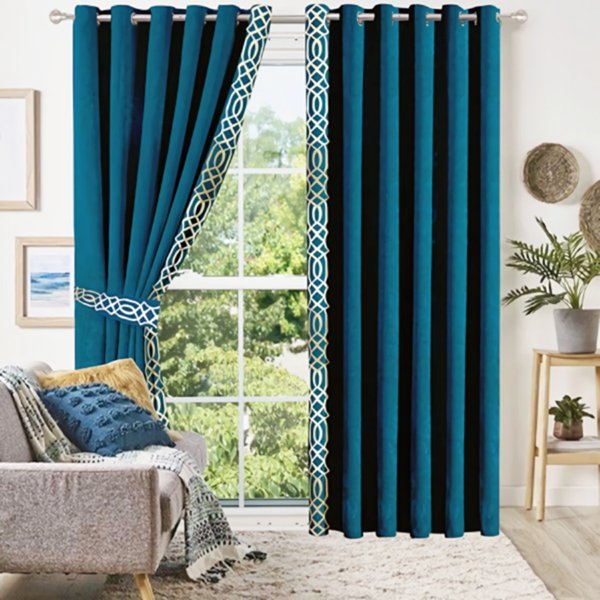 ZINC & WHITE SIDE BORDER VELVET CURTAINS - SET OF 2 PANELS image 0