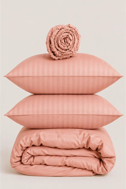CORAL PINK SATIN STRIPE DUVET COVER SET - 6PCS image 1