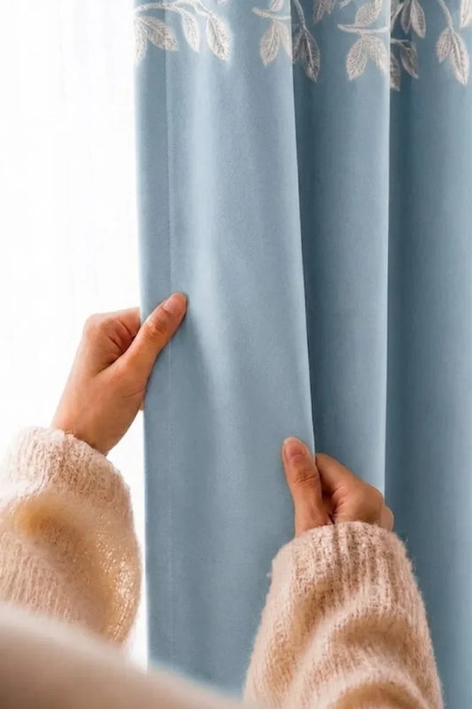 AQUA BLUE FLORAL VINE VELVET CURTAINS - SET OF 2 PANELS image 1