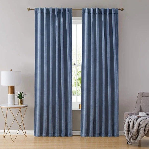 STONE BLUE PLAIN SOLID VELVET CURTAINS - SET OF 2 PANELS image 0