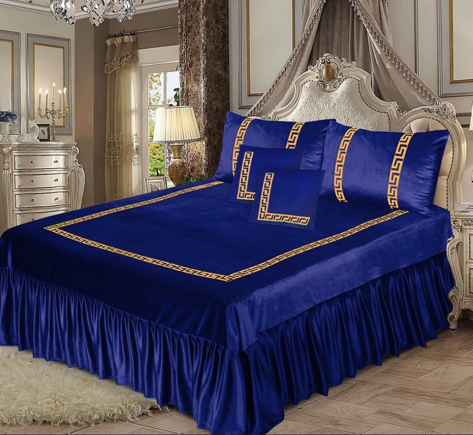 Luxury Embossed Velvet Bedsheet Navy Blue ( 5 PCS ) image 0