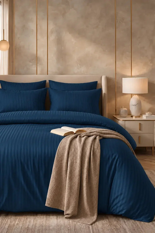 ROYAL TEAL SATIN STRIPE DUVET COVER SET - 6PCS image 0